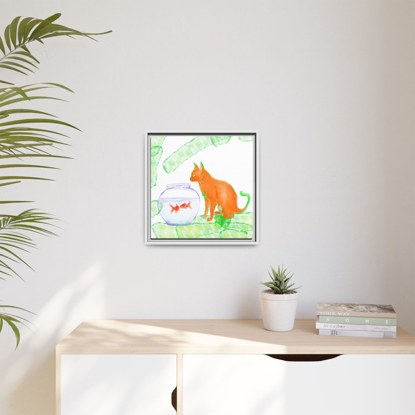 Colorful Cat and Fish Bowl Matte Canvas Framed white