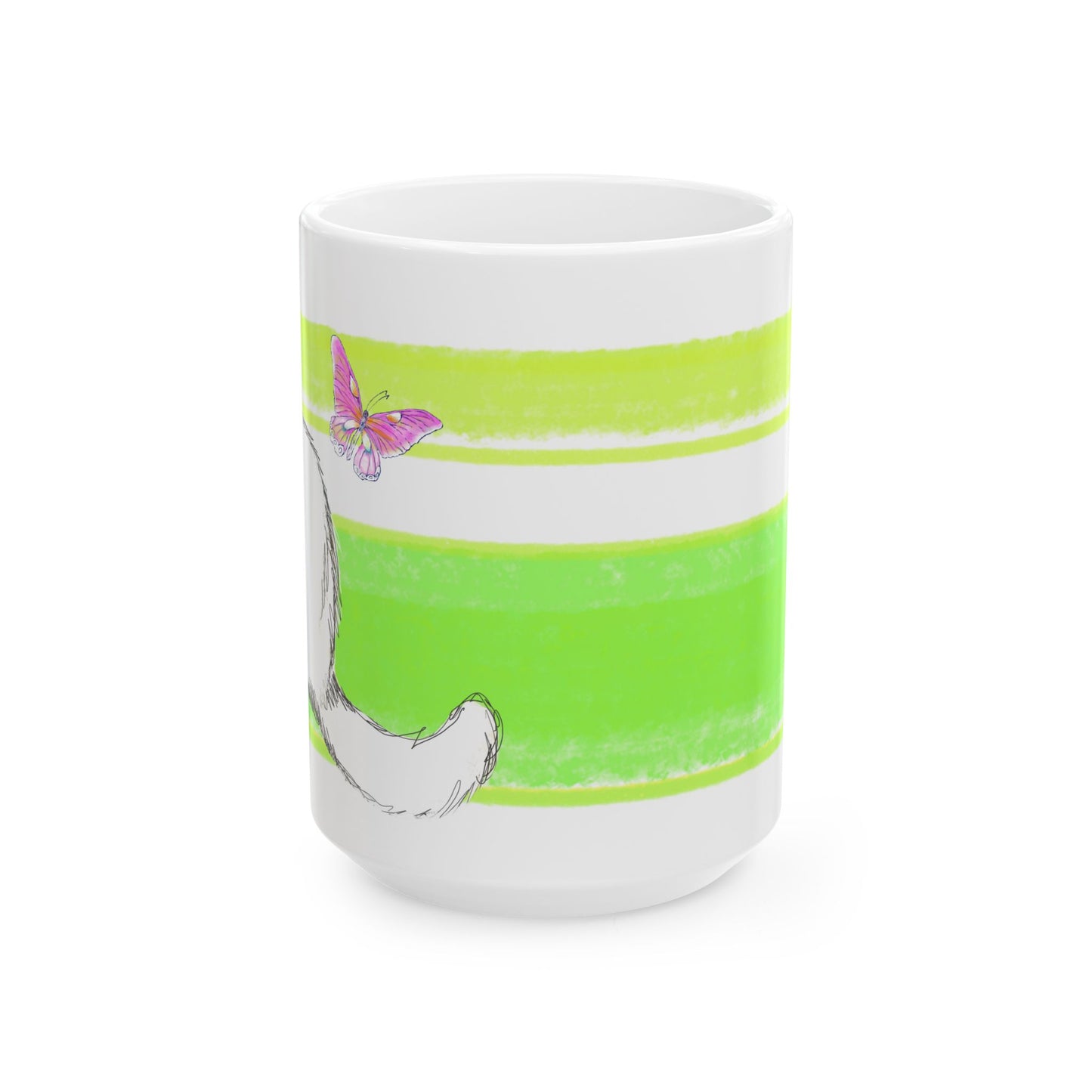 Mega Stripe Kitty Butterfly Flutter Ceramic Mug Yellow Green