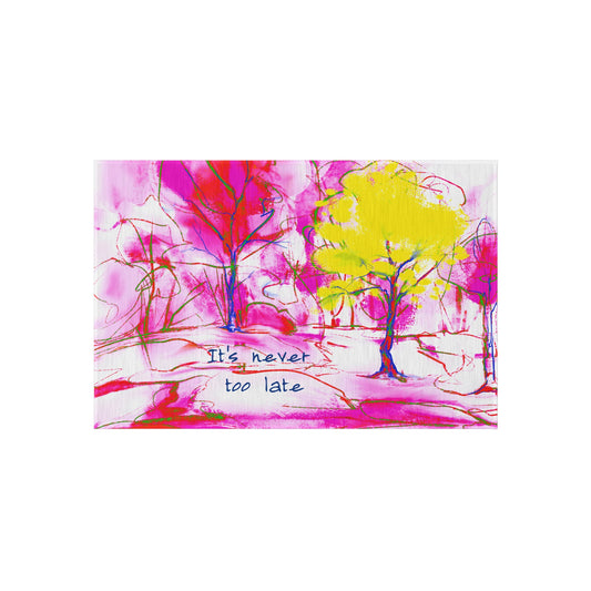 Inspirational Landscapes Indoor/Outdoor Rug, "It's never too late", Red, Pink, and Yellow Non-Slip
