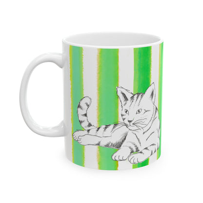 Kitty Fun Mug with Dark Green Stripes
