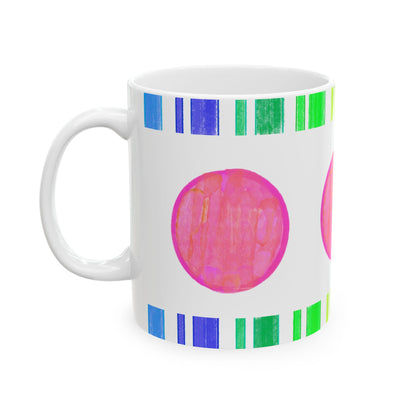 Mega Dot & Stripes border Coral Ceramic Mug, (11oz, 15oz)