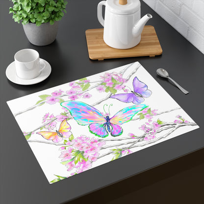 Butterfly Blossom Whirl Cotton Placemat, 1pc Blue, Fabric Background Creamy White, #4