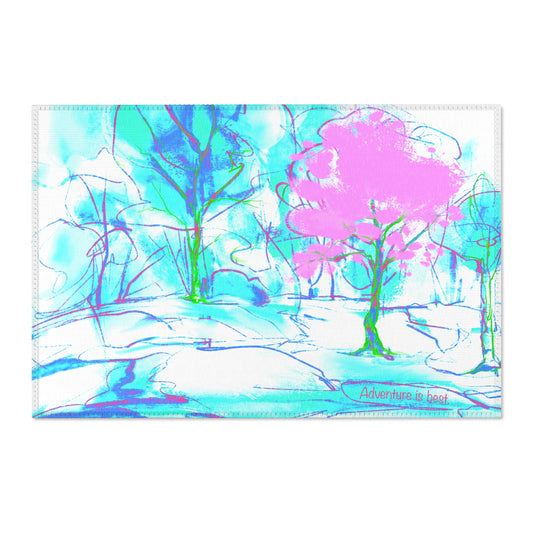 Inspirational Landscapes Indoor/Outdoor Area Rug, "Adventure Is Best",  Blue, Aqua, and Lilac