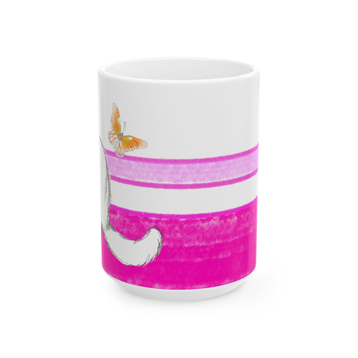 Mega Stripe Kitty Butterfly Flutter Ceramic Mug Raspberry Pink