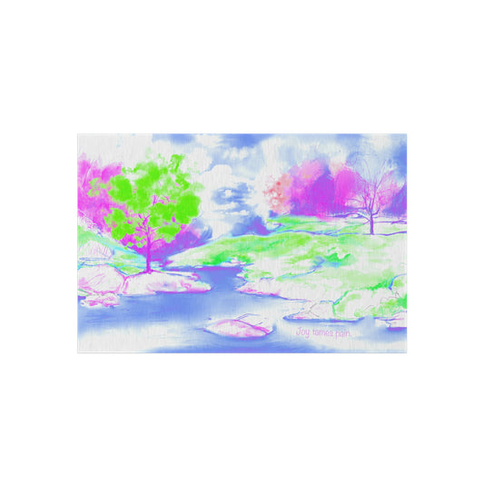 Inspirational Landscapes Indoor/Outdoor Area Rug, "Joy tames Pain"  Blue, Aqua, and Lilac Non-slip