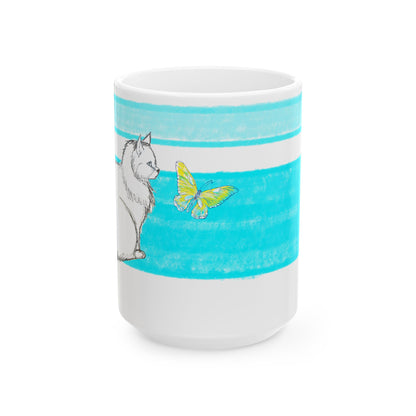 Mega Stripe Kitty Butterfly Flutter Ceramic Mug Aqua