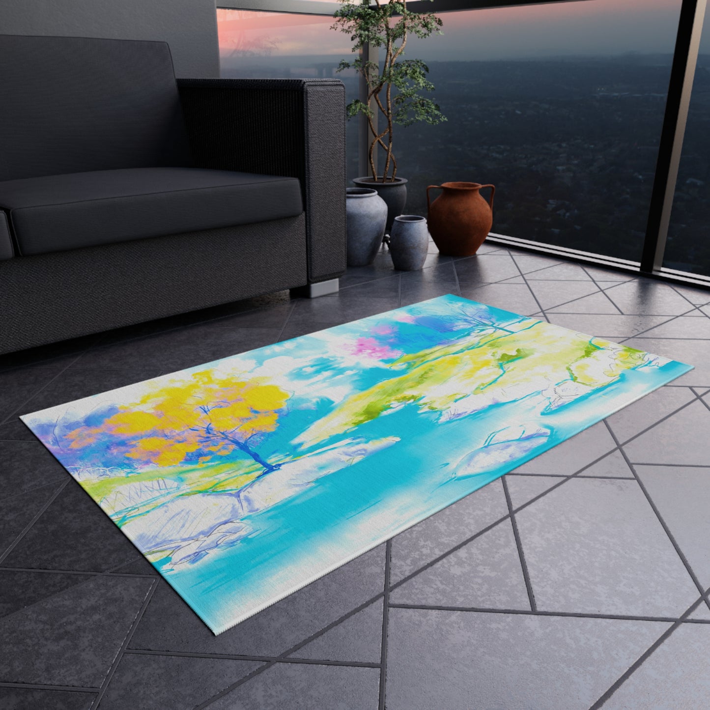 Joyful Landscapes Indoor/Outdoor Rug, Yellow and Blue, Non-Slip