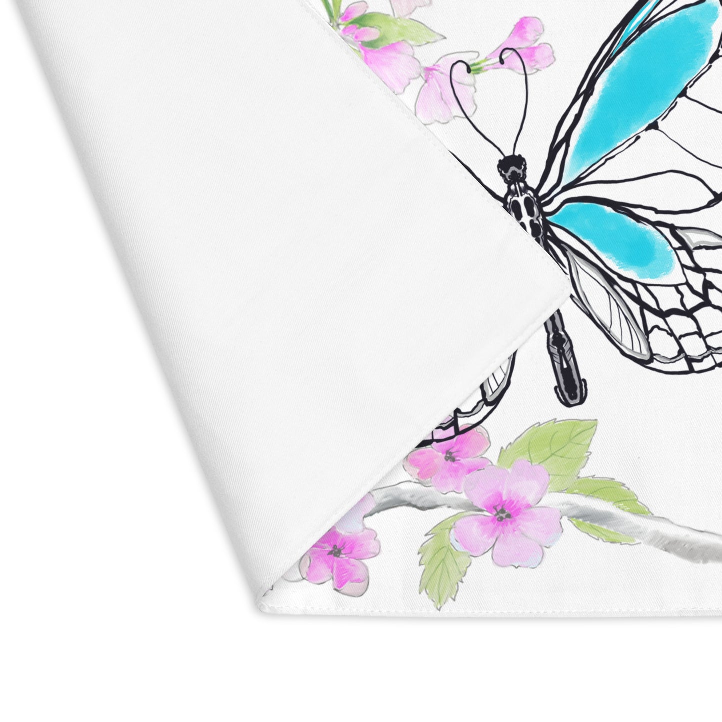 Butterfly Blossom Romp Cotton Twill Placemat, 1pc Aqua #2 Right side of table