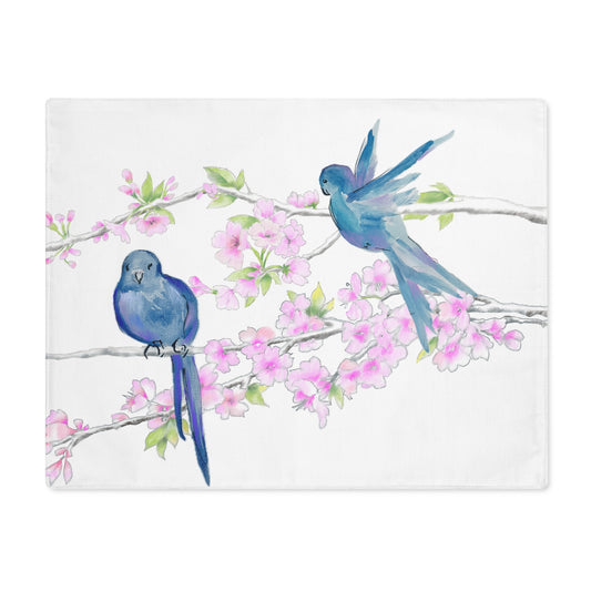 Blossoms & Birds In Blue Placemat, 1pc (18" × 14"). Cotton, Creamy White Background Fabric, #10 Left Side of Table