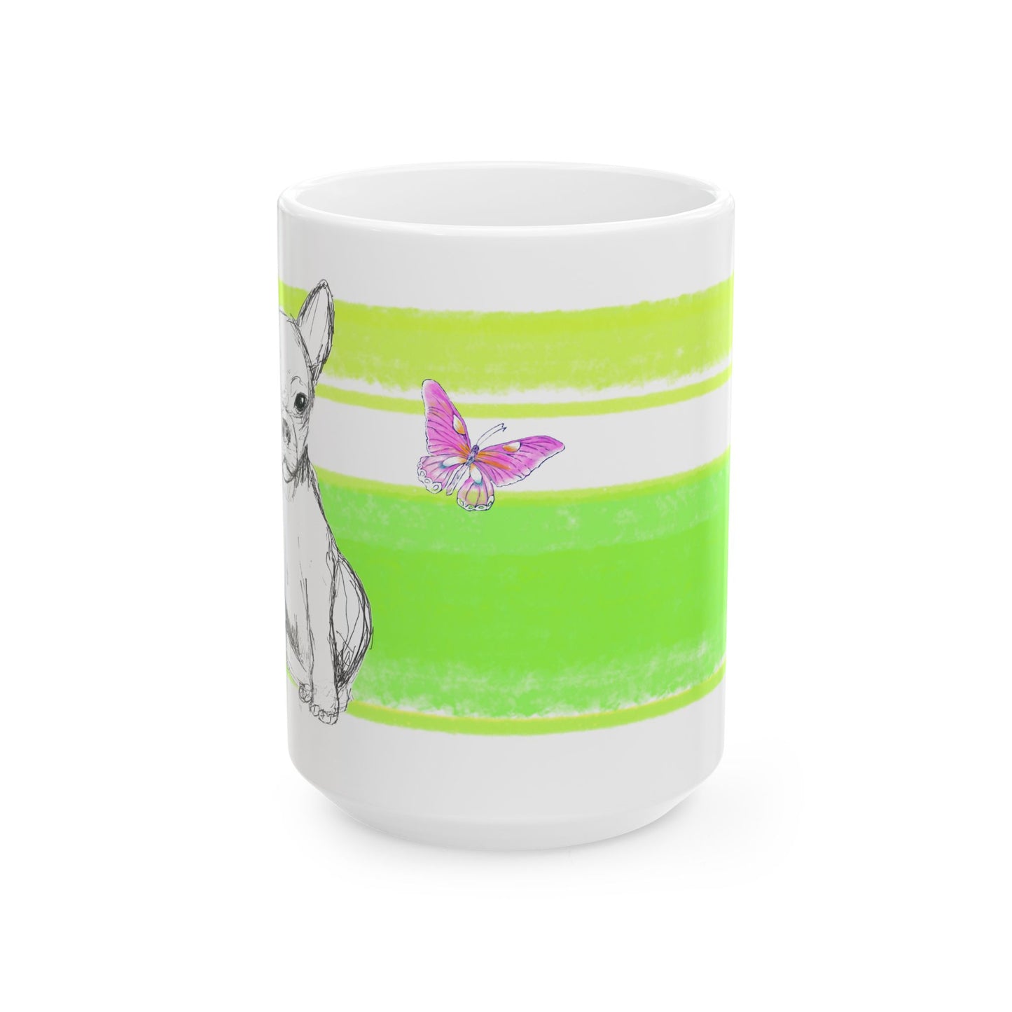 Mega Stripe Dogi Butterfly Flutter Ceramic Mug, (11oz, 15oz) Yellow Green Chihuahua