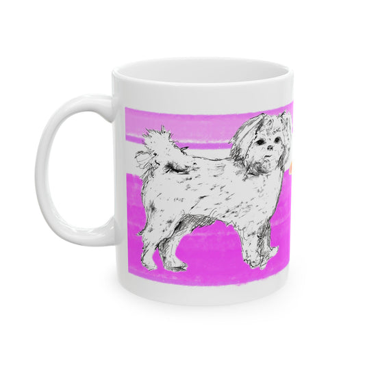 Mega Stripe Dogi Butterfly Flutter Ceramic Mug, (11oz, 15oz),  Purplish Pink Shih Tzu