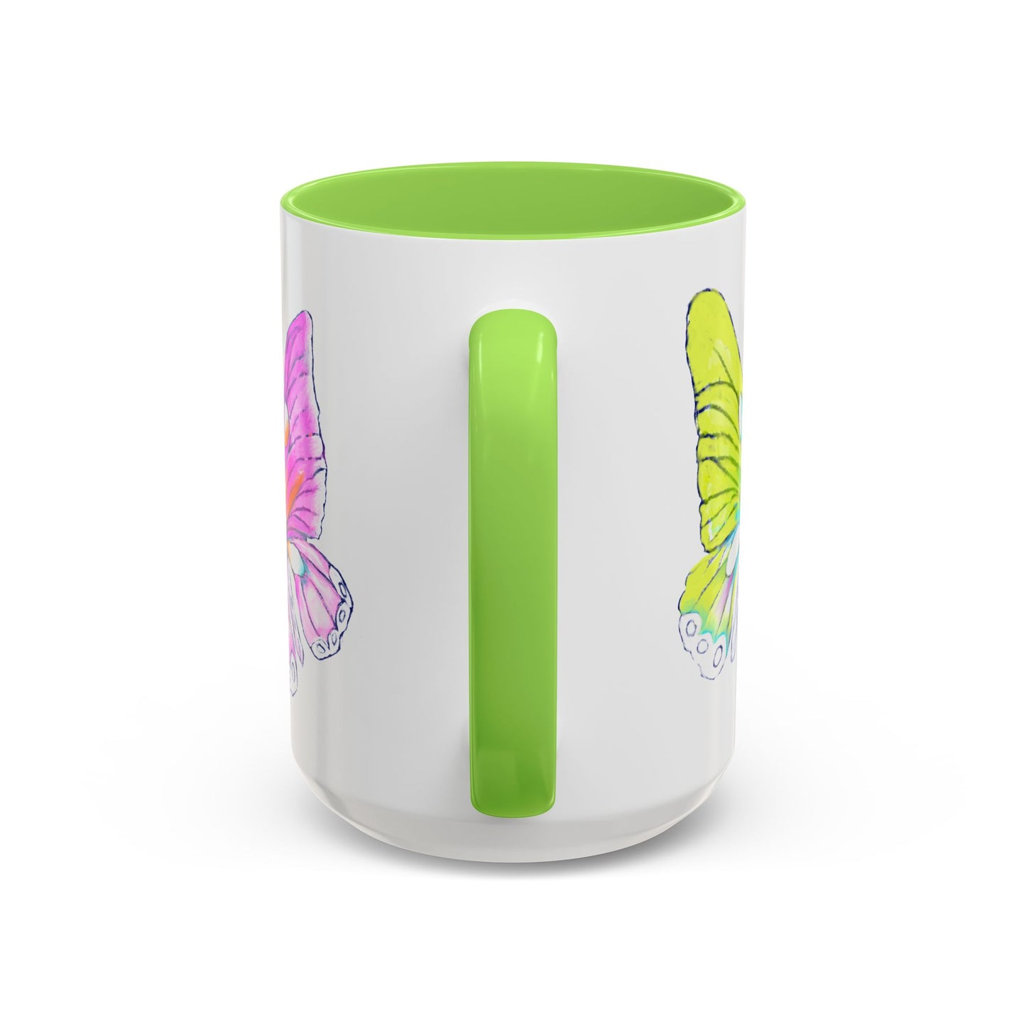 Butterfly Swing, Inside Green Colorful Mugs, Main Butterfly Yellow Green (11oz, 15oz)