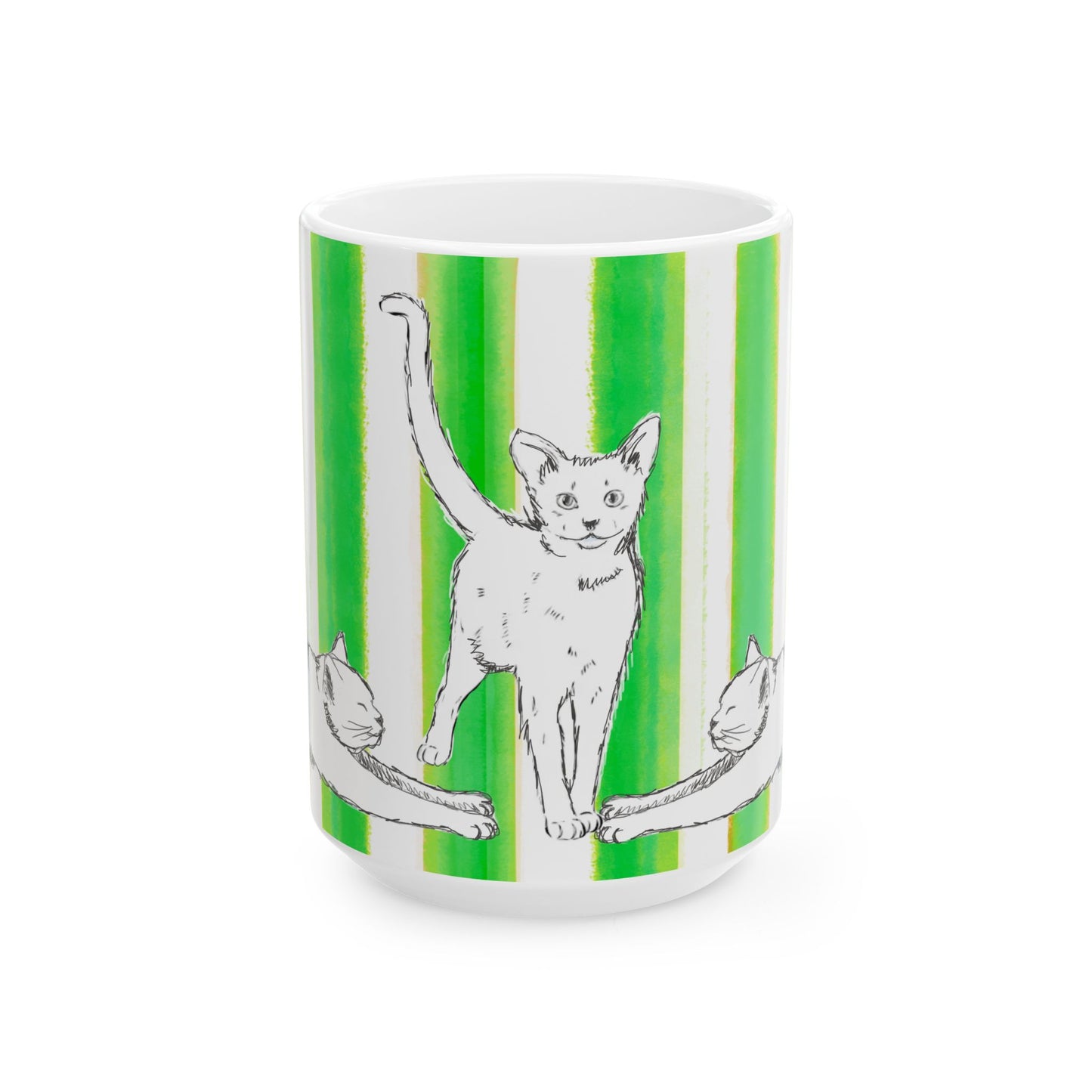 Kitty Fun Mug with Dark Green Stripes