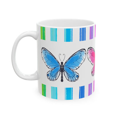 Butterfly Rainbow Stripe Ceramic Mug in Blue, Pink, and Green with Multi-color Striped Border, (Available in 2 sizes 11oz and 15oz)