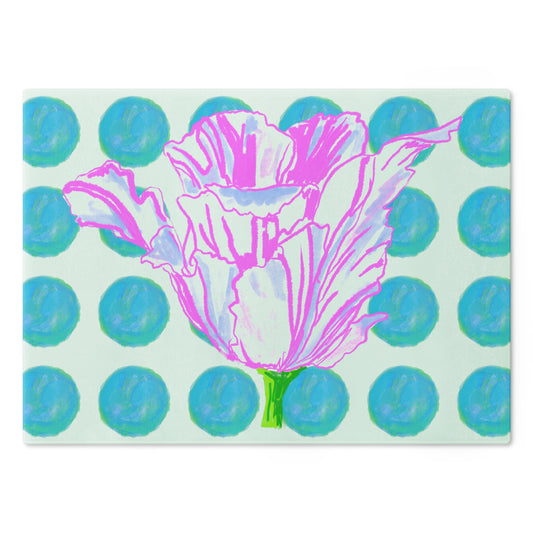 Dancing Tulips Cutting Board, Aqua Polka Dots