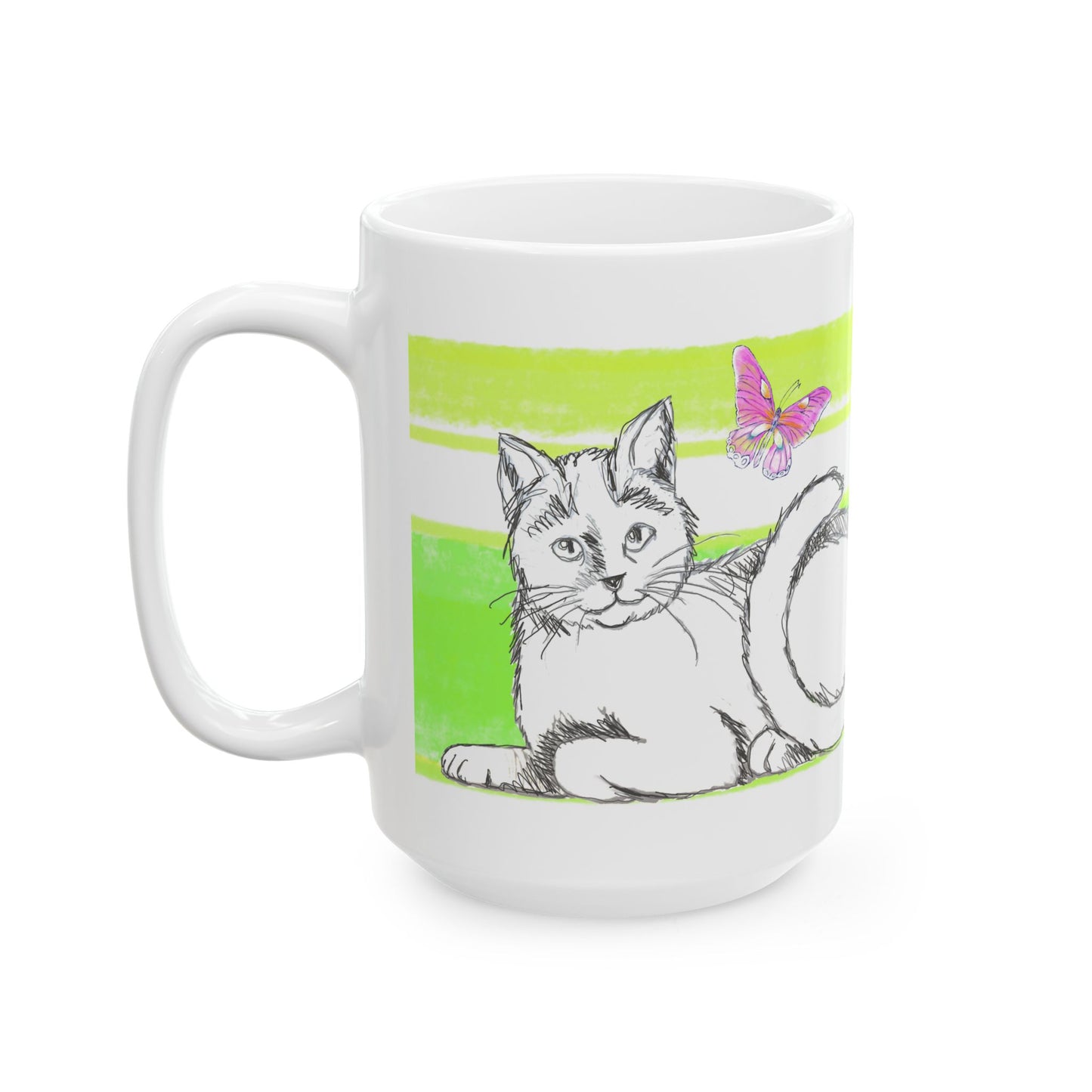 Mega Stripe Kitty Butterfly Flutter Ceramic Mug Yellow Green
