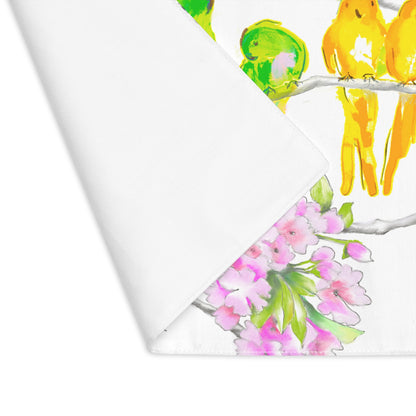 Blossoms & Birds In Raspberry, Green & Yellow Placemat, 1pc (18" × 14"), Cotton, Creamy White Background, #4 Right  Side of Table