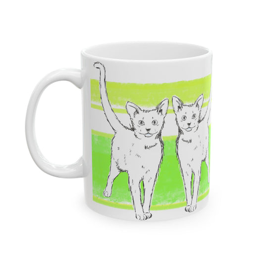 Mega Stripe Kitty Butterfly Flutter Ceramic Mug Yellow Green
