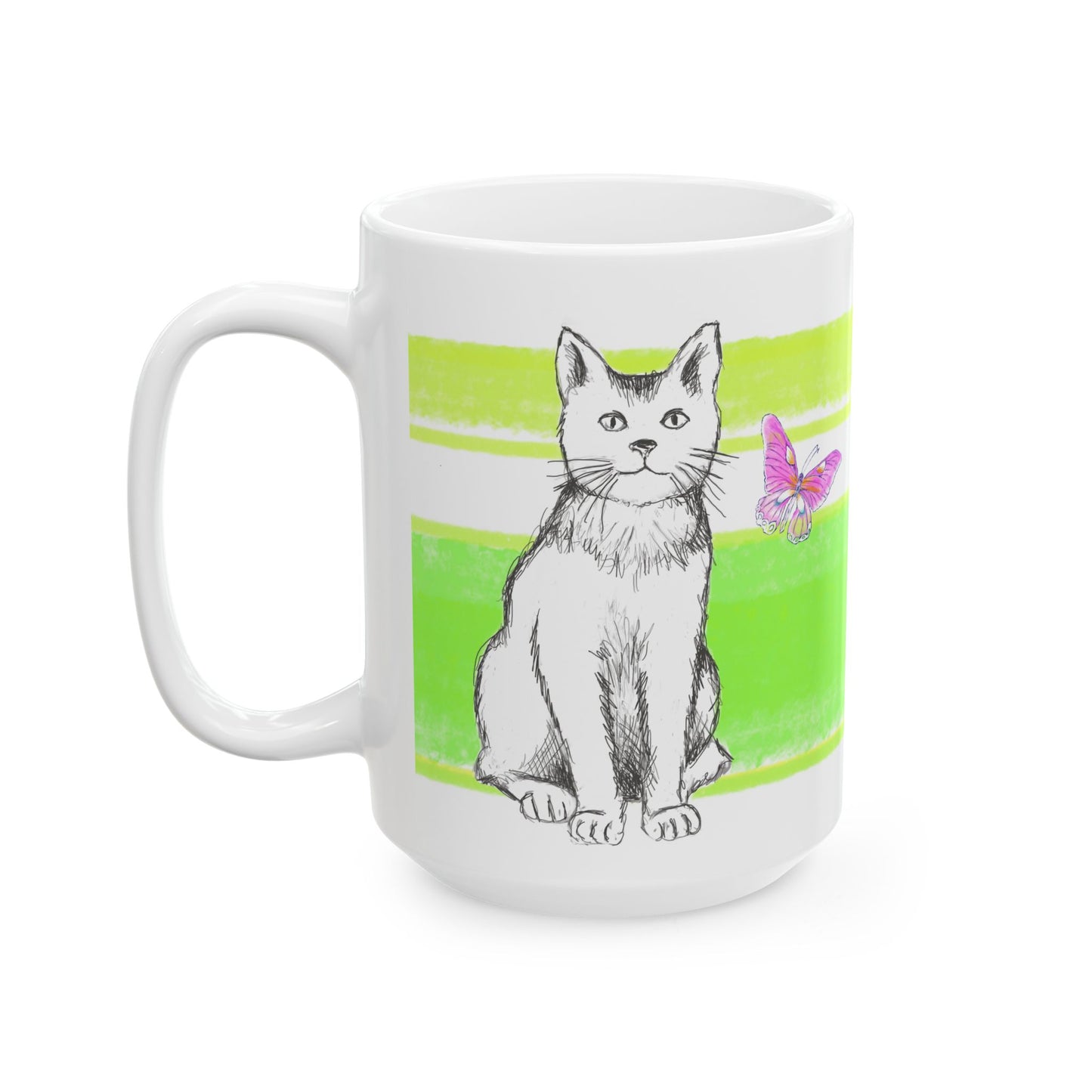 Mega Stripe Kitty Butterfly Flutter Ceramic Mug Yellow Green