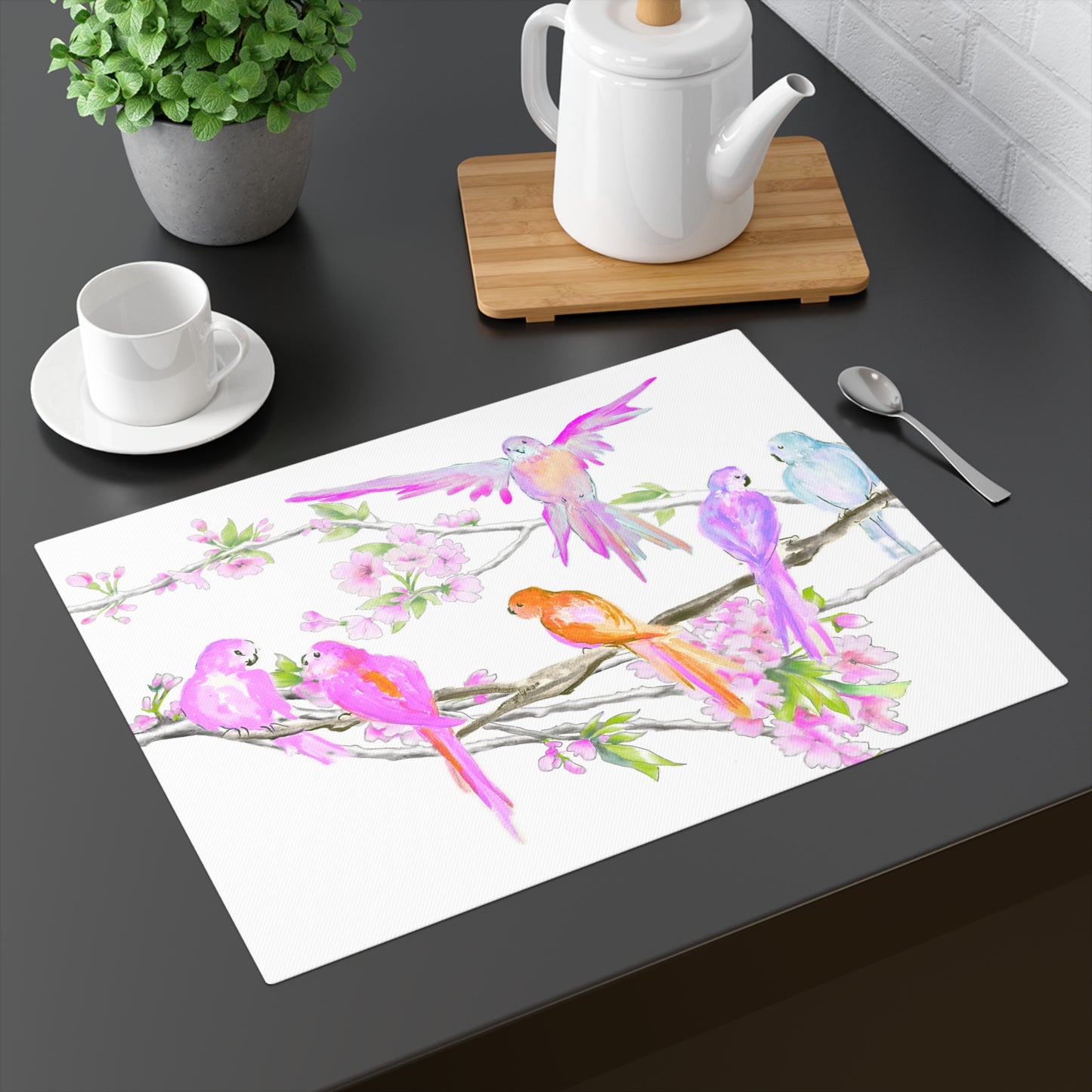 Blossoms & Birds In Pink Placemat, 1pc (18" × 14"), Cotton, Creamy White Background,#1 Head of the table