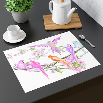 Blossoms & Birds In Pink Placemat, 1pc (18" × 14"), Cotton, Creamy White Background,#1 Head of the table