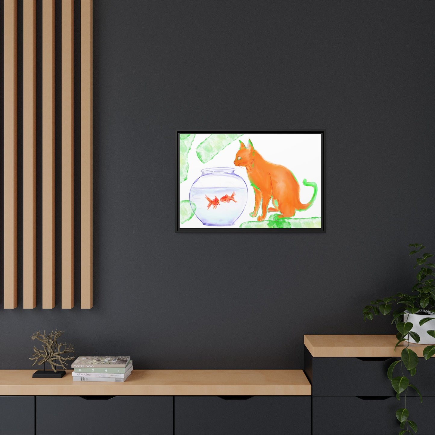 Colorful Cat and Fish Bowl Matte Canvas Framed white