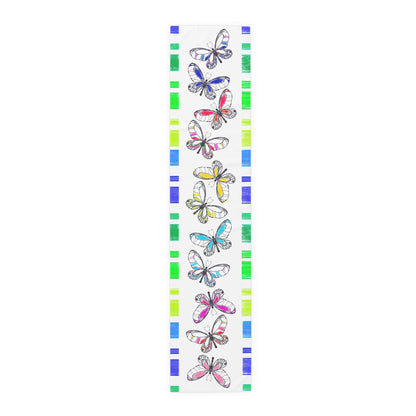 Butterfly Flutterstripe Table Runner in Multi-color With Blue/Green Border 1 size ( 16" × 72")  (available in Cotton (Creamier) & Polyester (Whiter)