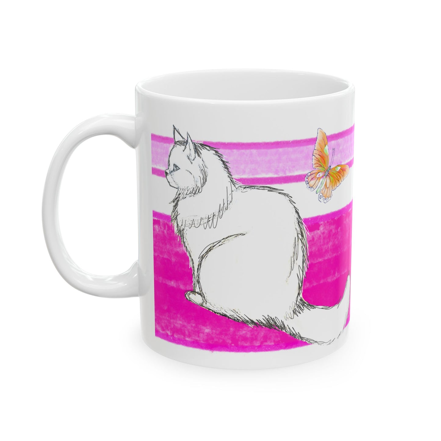 Mega Stripe Kitty Butterfly Flutter Ceramic Mug Raspberry Pink