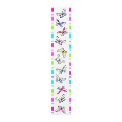 Butterfly Flutterstripe Table Runner in Multi-color With Pink, Blue, Green Border 1 size ( 16" × 90")  (available in Cotton (Creamier) & Polyester (Whiter)