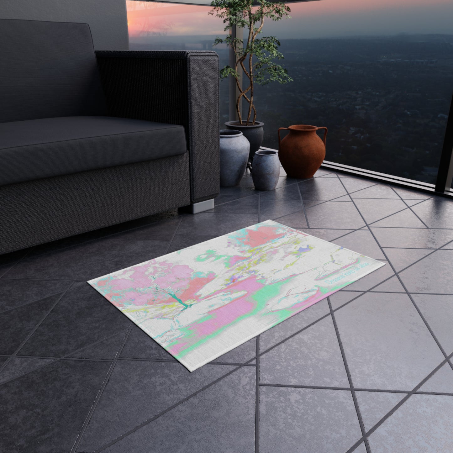 Inspirational Landscapes Indoor/Outdoor Area Rug "Dreams keep us alive", blues and pinks
