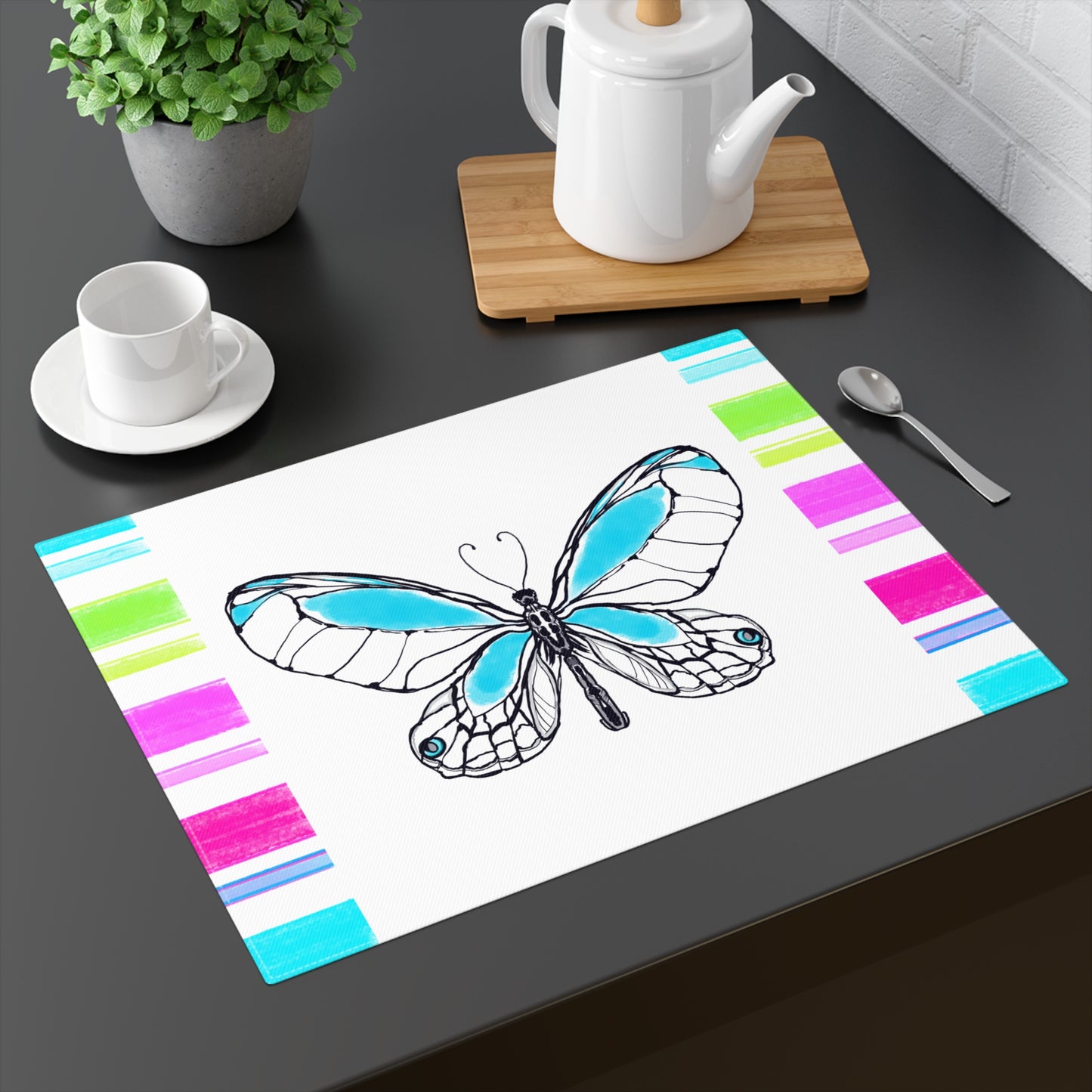 Butterfly Flutterstripe Placemat in Aqua with Multi-color Stripe Border (1 pc) cotton