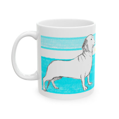 Mega Stripe Dogi Butterfly Flutter Ceramic Mug, (11oz, 15oz), Aqua Dachshund