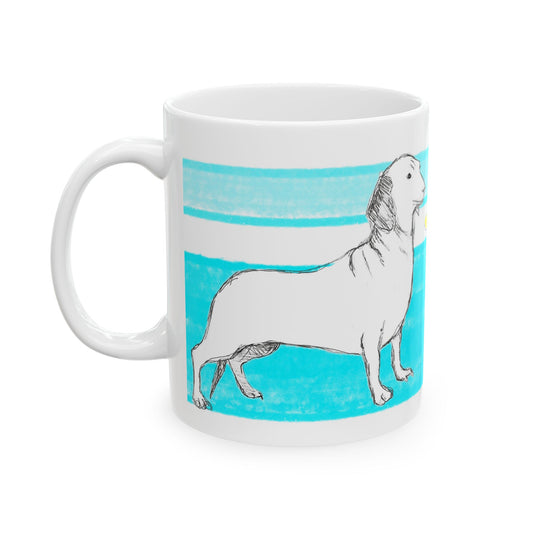 Mega Stripe Dogi Butterfly Flutter Ceramic Mug, (11oz, 15oz), Aqua Dachshund