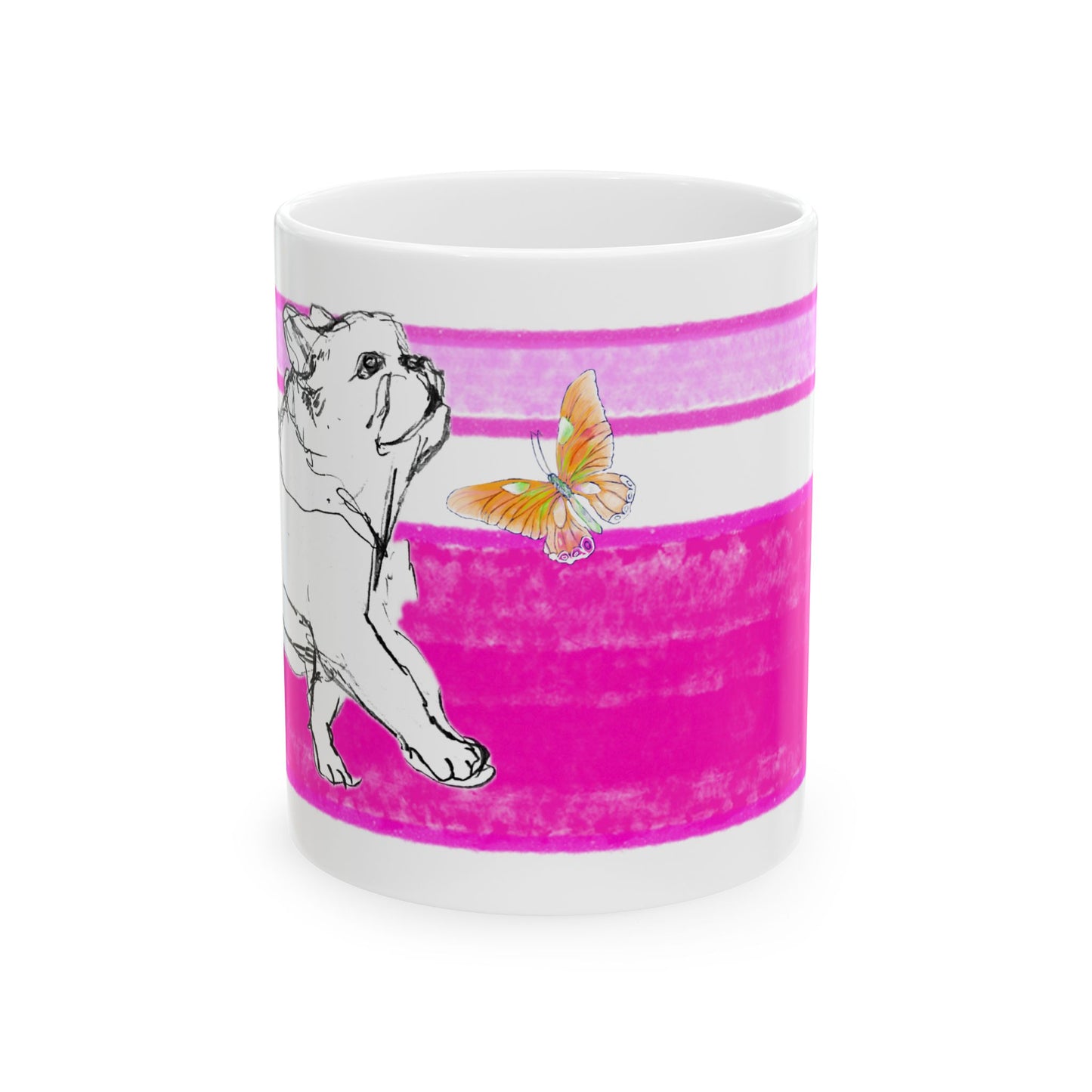 Mega Stripe Dogi Butterfly Flutter Ceramic Mug, (11oz, 15oz),  Raspberry Pink Bulldog