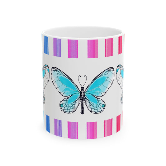 Butterfly Rainbow Stripe Ceramic Mug in Aqua with Multi-color Striped Border, (Available in 2 sizes 11oz and 15oz)