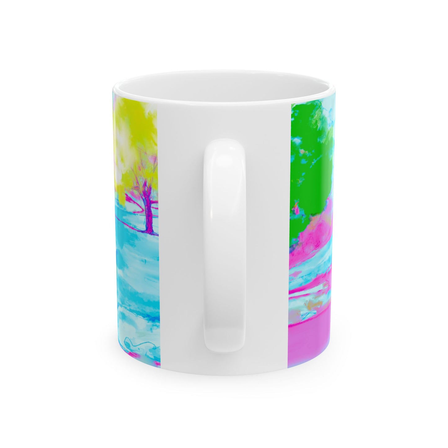 Inspirational Landscapes Ceramic Mug in Yellow, Green, and Blue, "A heart in God's hand need not sigh", 11oz, 15oz.