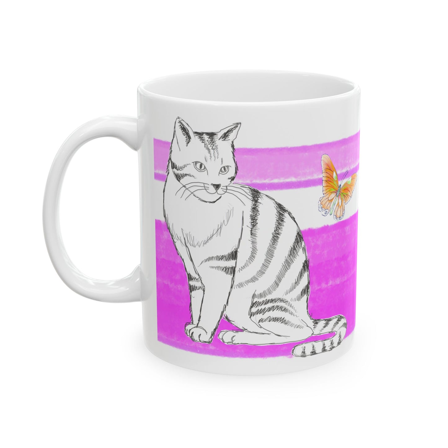 Mega Stripe Kitty Butterfly Flutter Ceramic Mug Purplish Pink