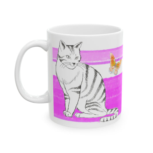 Mega Stripe Kitty Butterfly Flutter Ceramic Mug Purplish Pink
