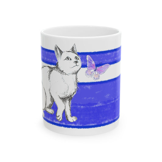 Mega Stripe Kitty Butterfly Flutter Ceramic Mug Ultramarine