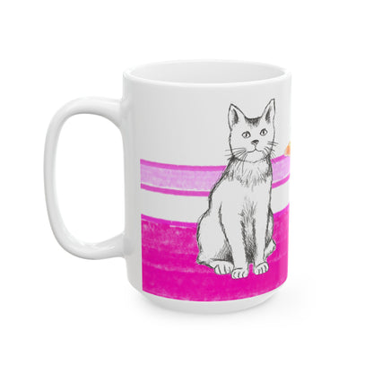 Mega Stripe Kitty Butterfly Flutter Ceramic Mug Raspberry Pink