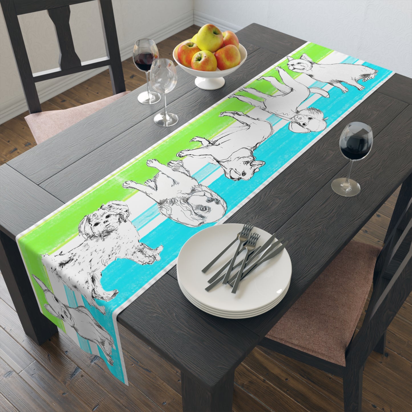 Dogi Butterfly Flutter Table Runner 16" x72" , (Cotton Creamy White Background OR Poly Bright White Background) Aqua and Green