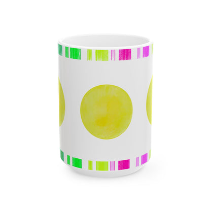 Mega Dot & Stripes Green Yellow Ceramic Mug, (11oz, 15oz)