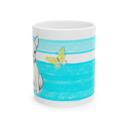 Mega Stripe Dogi Butterfly Flutter Ceramic Mug, (11oz, 15oz), Aqua Chihuahua