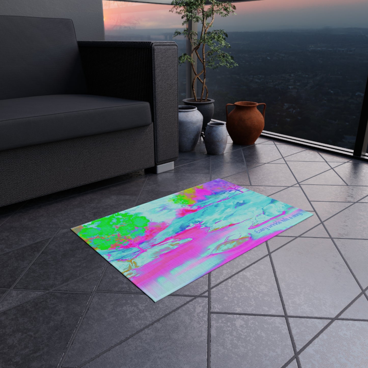 Inspirational Landscapes Indoor/Outdoor Area Rug, " Every Wrinkle tells a Story", Aqua, Raspberry, and Green