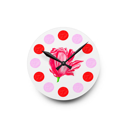 Tulip Love, Acrylic Wall Clock, Pink and Red polka dots Red tulip