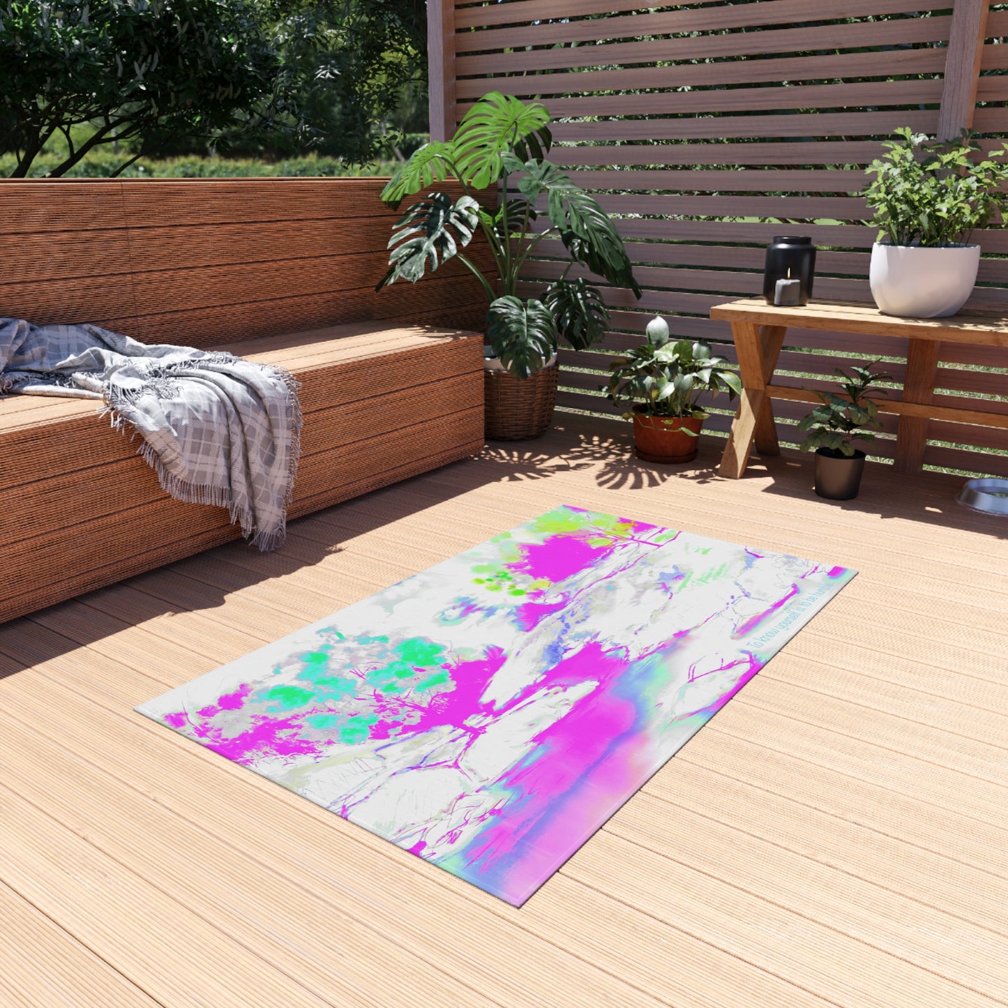 Inspirational Landscapes Indoor/Outdoor Area Rug "To know yourself is to be humble", Green, Aqua, and Lilac