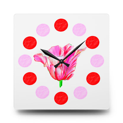 Tulip Love Acrylic Wall Clock, Pink and Red Polka Dots Tulip