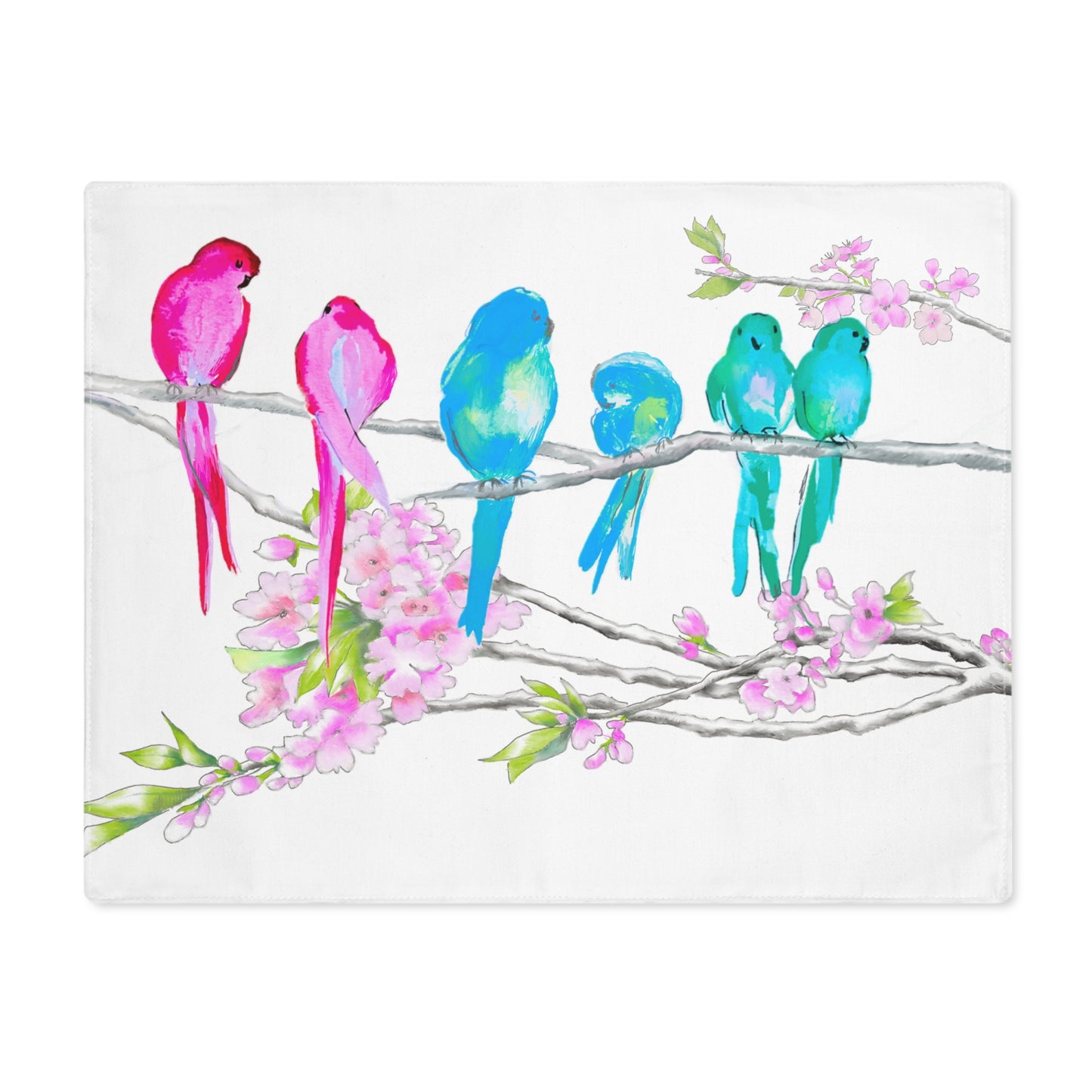 Blossoms & Birds In Pink & Blue Placemat, 1pc (18" × 14"), Cotton, Creamy White Background. #3 Right Side of Table