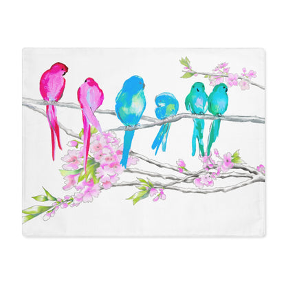 Blossoms & Birds In Pink & Blue Placemat, 1pc (18" × 14"), Cotton, Creamy White Background. #3 Right Side of Table