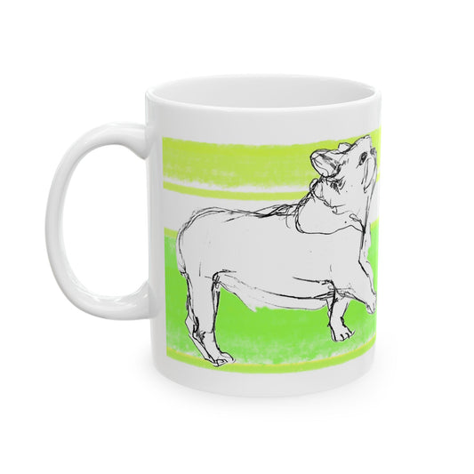 Mega Stripe Dogi Butterfly Flutter Ceramic Mug, (11oz, 15oz) Yellow Green Bulldog